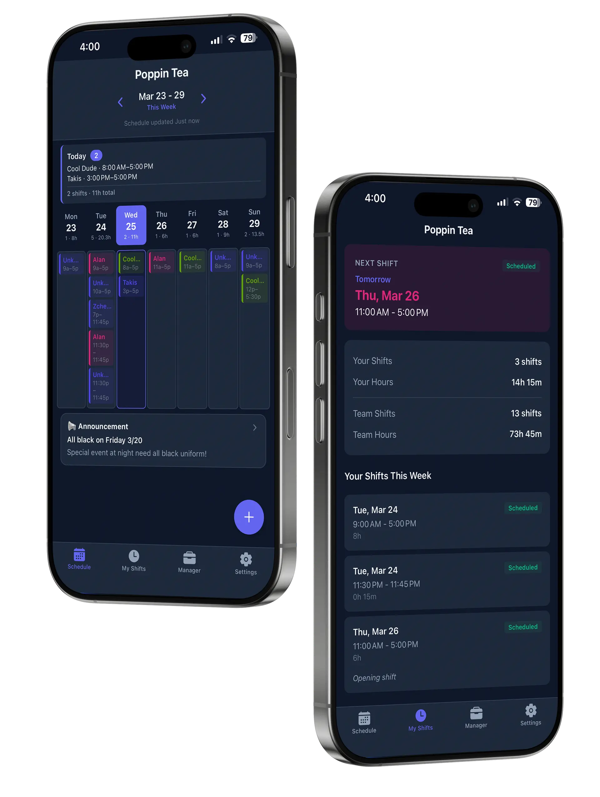 Zchedule app schedule screens