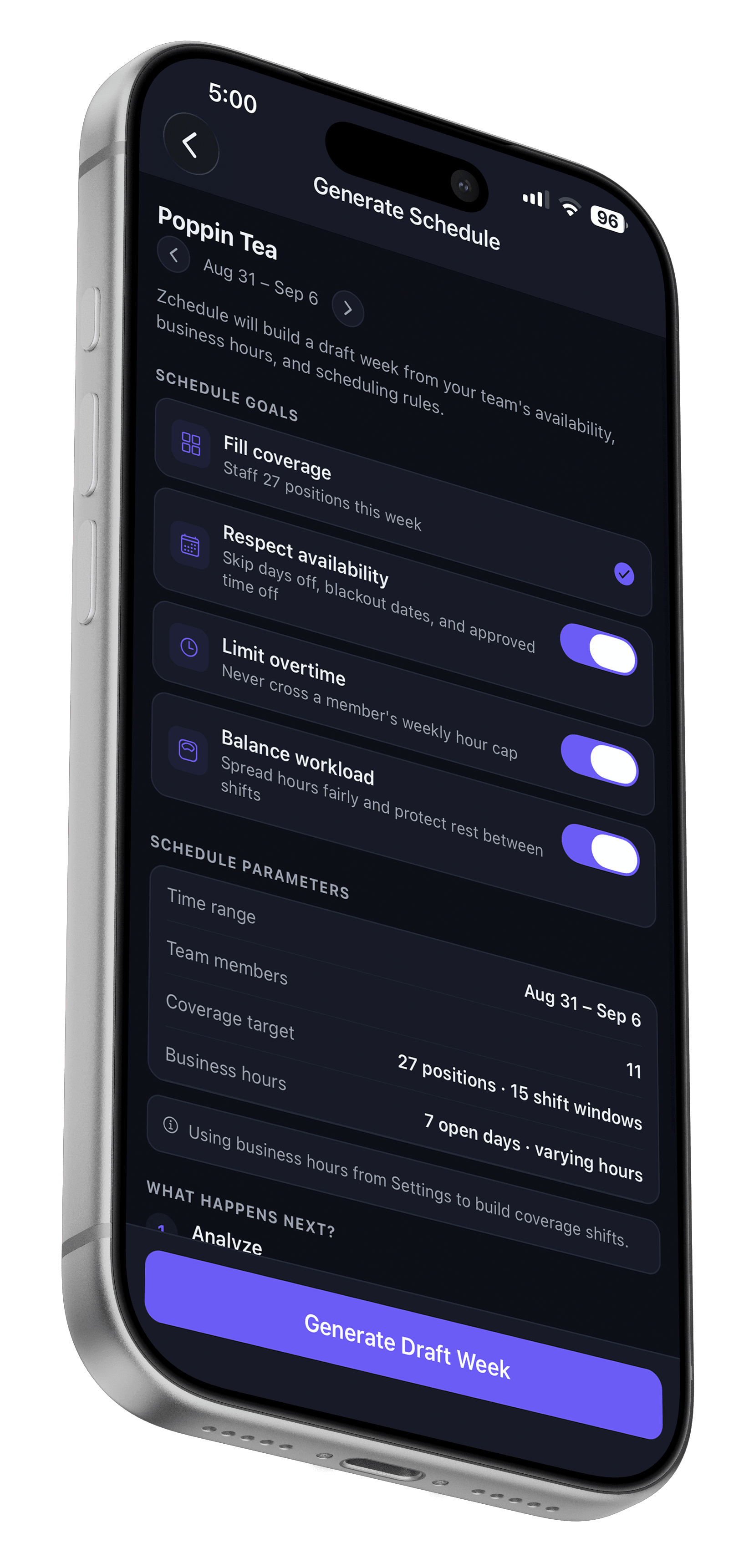 The Generate Schedule screen with switches for respecting availability, avoiding overtime and balancing hours fairly, showing 27 draft shifts will be created across 7 days.