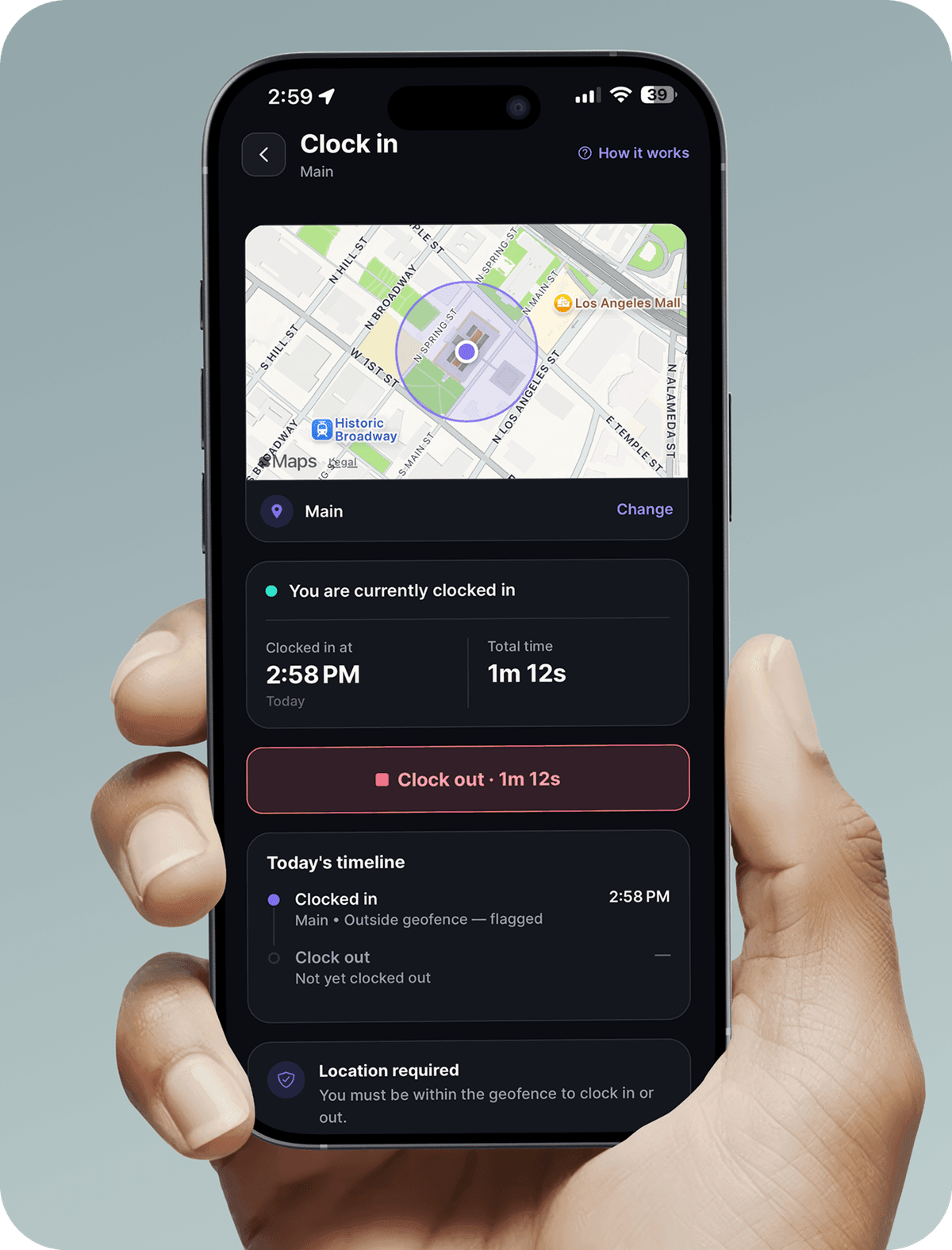 The Zchedule clock-in screen on a phone: a map with the work zone drawn around the site, a running shift timer, the clock-out button, and today's timeline showing a clock-in marked as outside the geofence.