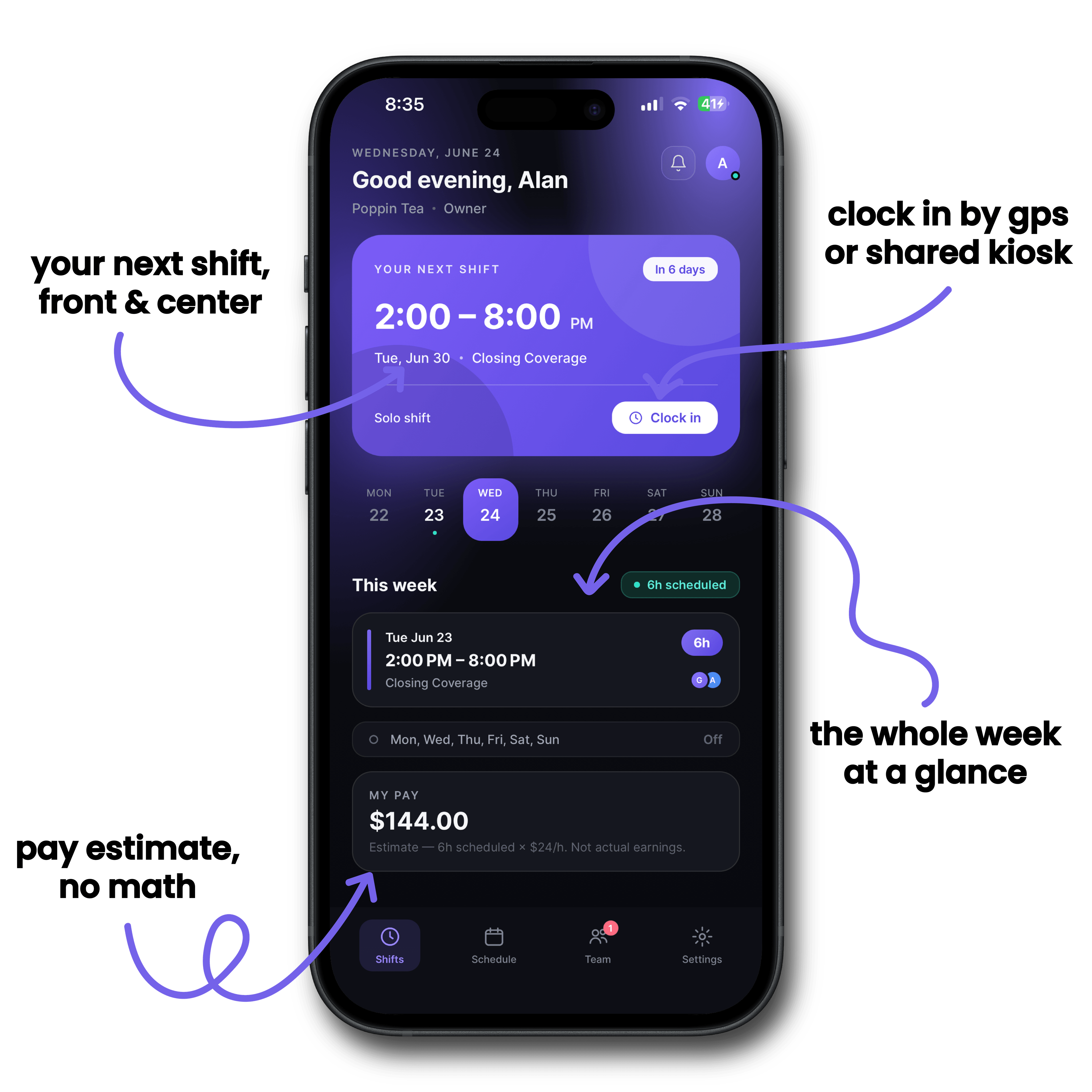 The Zchedule iPhone home screen: the employee's next shift with a clock-in button, the current week day by day, and an estimate of pay for hours scheduled.