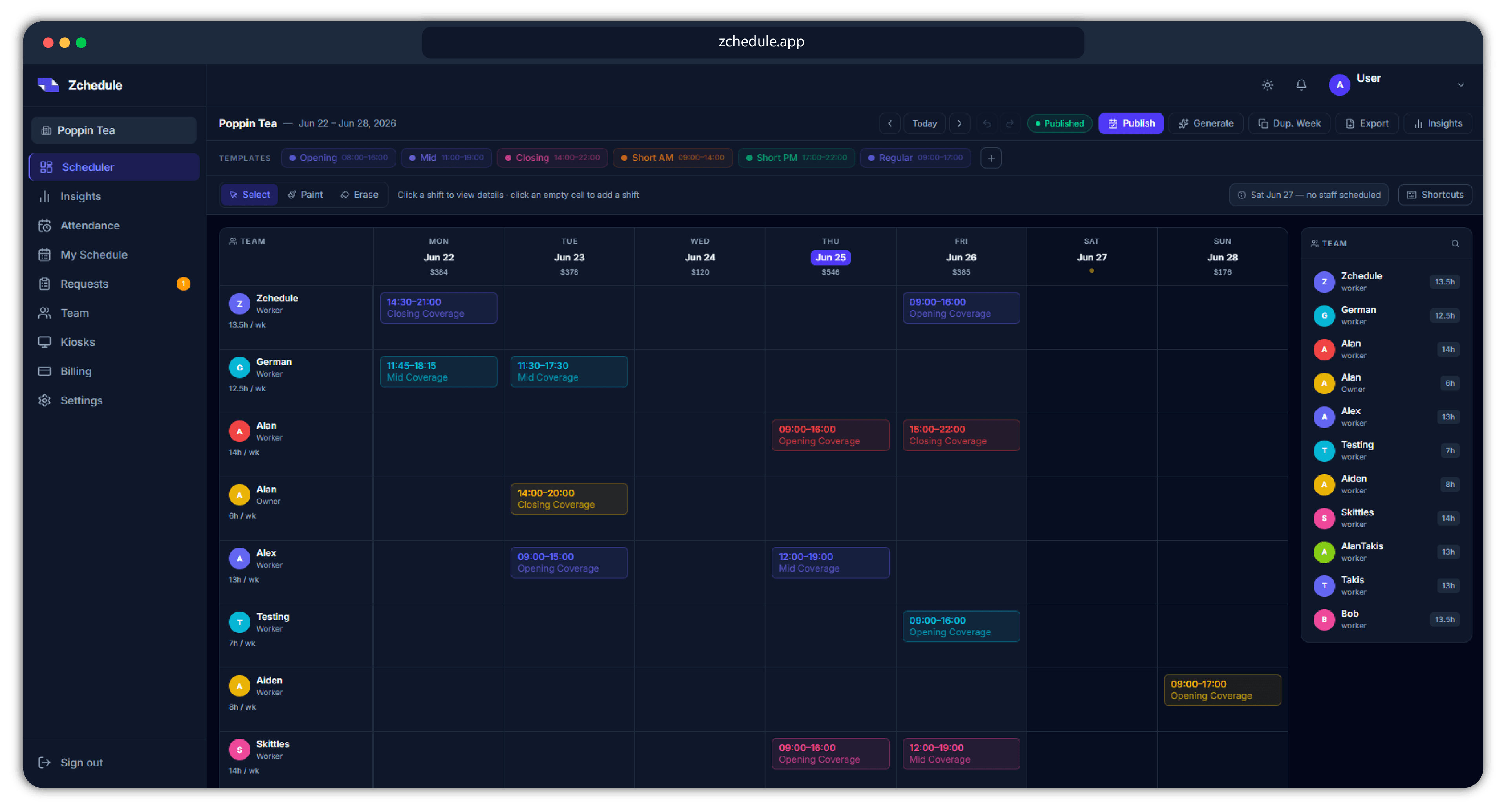 The Zchedule weekly schedule board: every team member on a row, their shifts across Monday to Sunday, with weekly hours and daily labor cost.